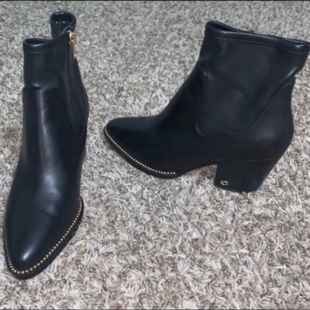 COACH Pell Studded Leather Booties Black Gold Studs Boots Size 8B